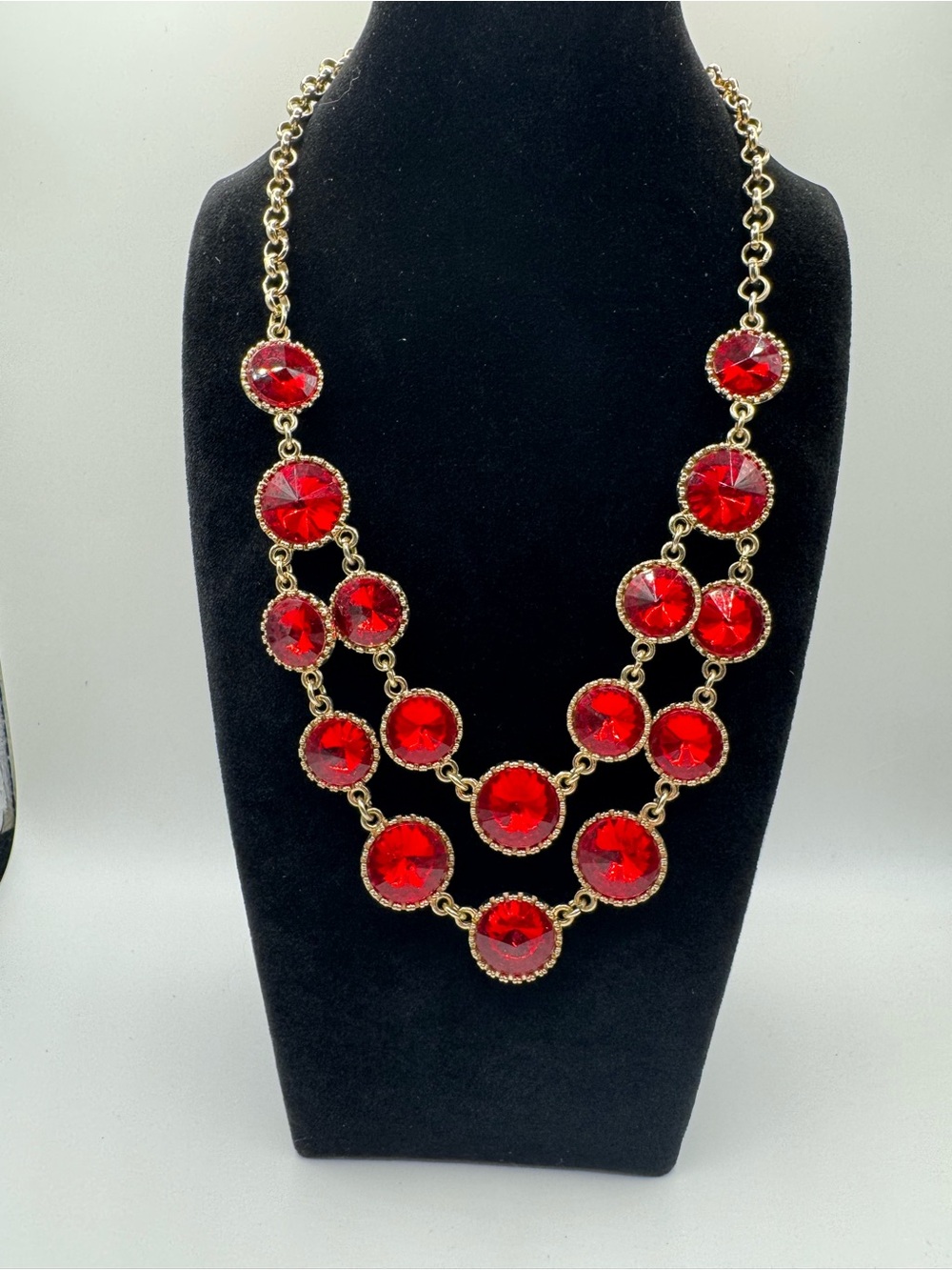 Gold-Tone Red Faceted Stone Bib Necklace